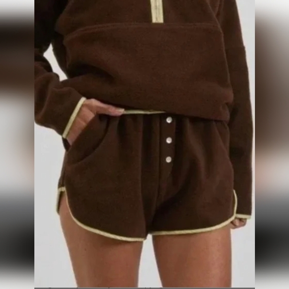 DONNI. Pants - DONNI. Brown Cozy Fleece Shorts with Cream Trim